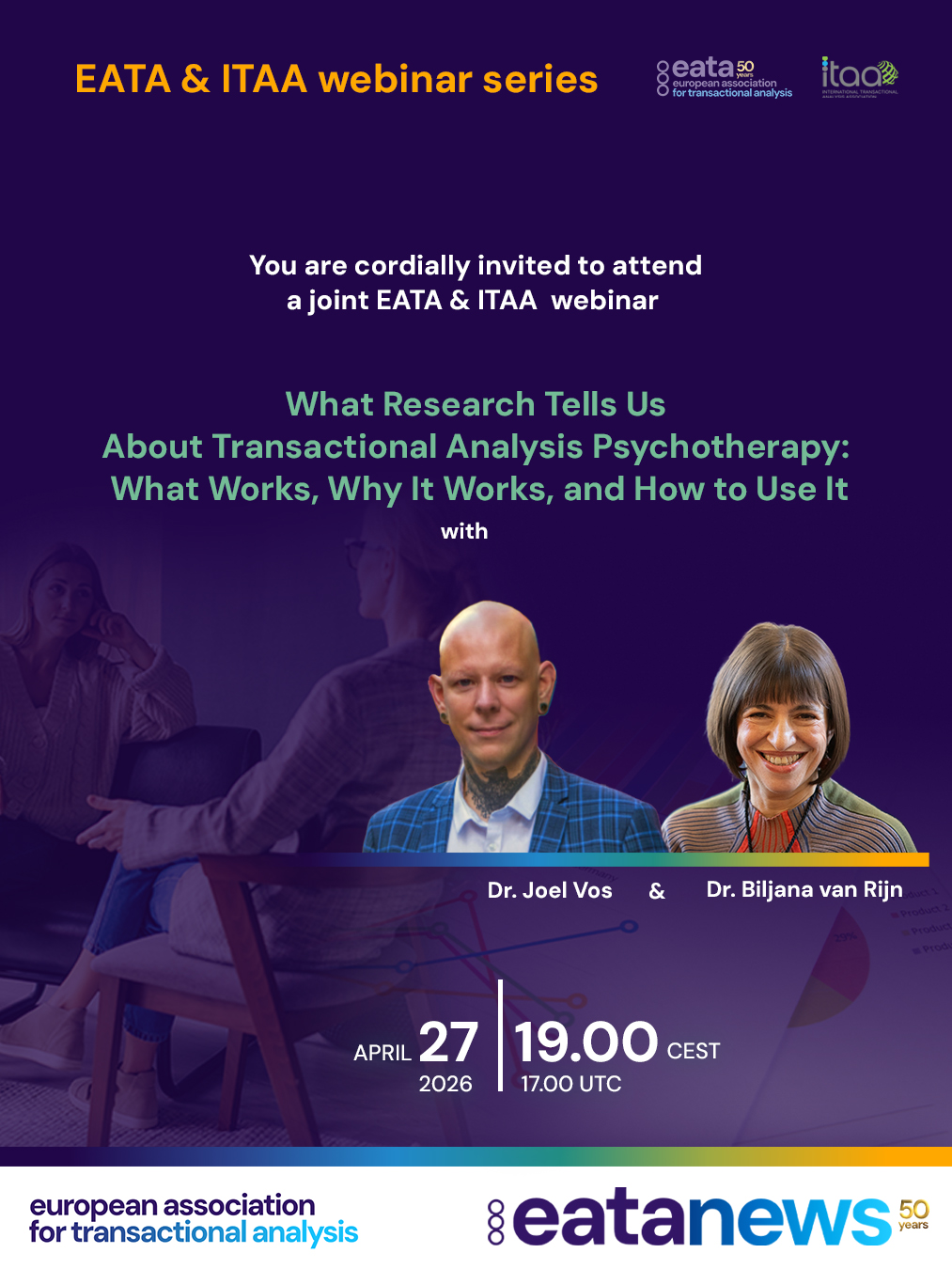 Dear members,

✨ We warmly invite you to join a joint EATA and ITAA webinar with Dr. Joel Vos and Dr. Biljana van Rijn, entitled:

“What Research Tells Us About Transactional Analysis Psychotherapy: What Works, Why It Works, and How to Use It.”

🧠 About the Webinar

What does the evidence actually tell us about Transactional Analysis psychotherapy?

In today’s evidence-based era, this question matters more than ever—not only for recognition and professional legitimacy, but also for understanding how TA helps people change and how we can continue to improve our practice.

📊 Join us for an interactive seminar where we will share findings from our systematic reviews of TA research, surveys, and clinical trials. We have examined what works in TA practice, identified the specific components that drive therapeutic change, and developed a conceptual model that synthesizes the evidence base.

🔎 During the webinar, we will present our key findings, including:

- the overall effectiveness of TA
- which specific components appear to be most impactful
- evidence-based competencies emerging from the research

But this isn’t just about numbers—it’s about what these findings mean for practice.

💡 You will discover practical applications such as:

- our 16-session TA treatment outline
- strategies for professional recognition and political advocacy
- ways of integrating research into training

Together, we will explore how you can use these insights in your own practice and how, as a professional community, we can harness this evidence to strengthen Transactional Analysis.

👥 Whether you are:

- a practitioner looking for evidence-based guidance

- a student training in TA
- a trainer developing curricula
- or an advocate working toward professional recognition
—you will leave with practical insights and tools.

📌 The research exists—the question is how we use it.

🌍 Date & Time
📅 April 27, 2026

🕖 19:00 CEST (Rome)
🕕 18:00 BST (London)
🕔 17:00 UTC

🔗 To learn more about the webinar, the presenters, and to book your place, please visit the EATA website or follow the link in our bio. https://shorturl.at/RyNtH