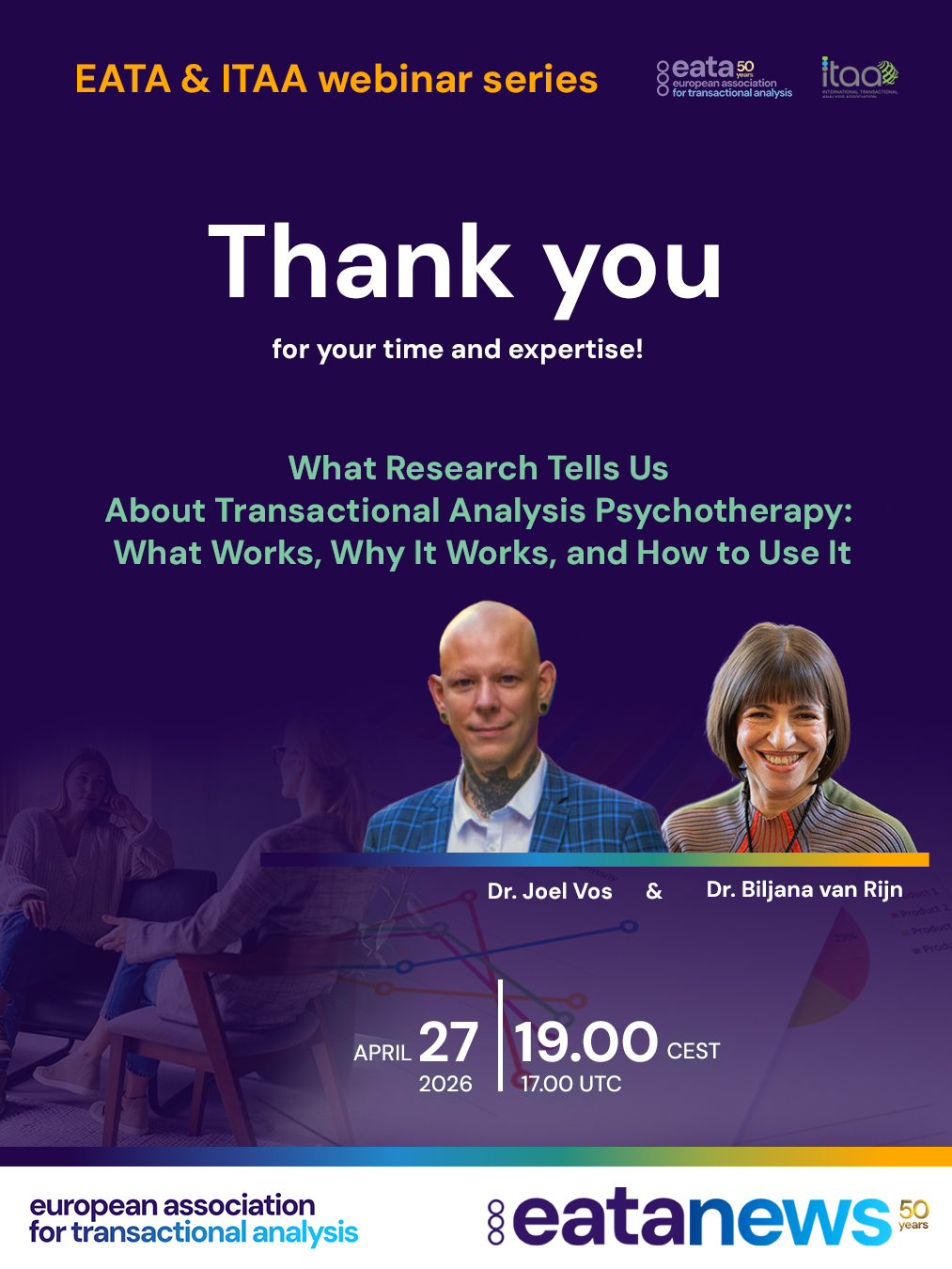 Yesterday, we had the pleasure of welcoming two outstanding speakers to our joint EATA–ITAA webinar 🎓✨: Dr. Joel Vos and Dr. Biljana van Rijn, co-authors of The Handbook of Transactional Analysis Psychotherapy: An Evidence-Based Guide (Sage, 2025) 📘. More about the book on EATA website.
Joel and Biljana delivered a rich and thought-provoking presentation 💡 exploring key questions such as: Why do we need research in psychological therapies? What are the limitations of research? And how can we bring existing evidence together into a coherent, evidence-based conceptual model of Transactional Analysis?
They also shared insights from their research journey 🔍, including a large-scale survey of 238 TA therapists, and offered practical tools 🛠️ by identifying key TA practices and demonstrating how research findings can be applied in clinical work. Importantly, they addressed how research can support political advocacy 🏛️ and contribute to gaining broader recognition for TA as a field.
The session concluded with an open invitation 🤝 for further research and collaboration, encouraging others to build on this important work.
We were delighted to welcome more than 250 participants 👥, whose engagement and enthusiasm made the event truly inspiring 🌟.
A big thank you to Joel and Biljana for their time, expertise, and dedication 🙏, and to Leilani Mitchell for hosting 🎤.
We’re already looking forward to the next one! 🚀