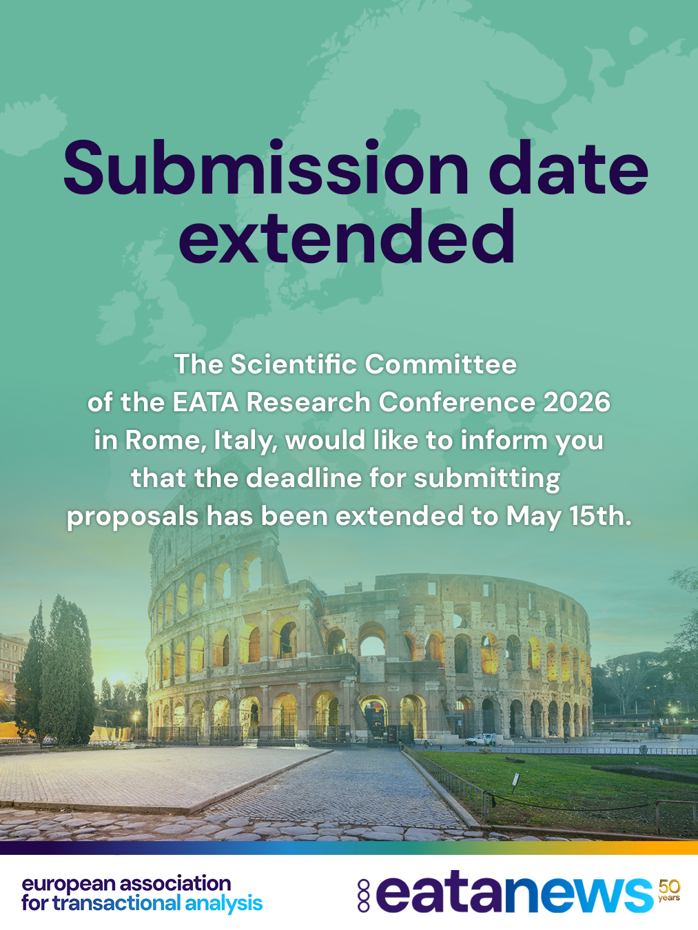 Dear members, The Scientific Committee of the EATA Research Conference 2026 in Rome, Italy, would like to inform you that the deadline for submitting proposals has been extended to May 15th.
Thank you