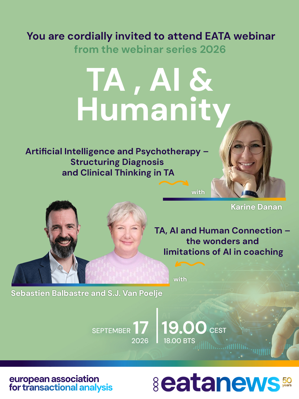 🤖✨ You are cordially invited to attend the second EATA webinar focusing on the use of AI in TA practice.
The event will consist of two sections:
🛋️ The first part will focus on the Psychotherapy field, and
🚀 the second on Coaching.
A big thank you to our speakers, who will share their thoughts and experiences on using AI in Transactional Analysis 💬
📅 Thursday, 17 September
🕕 18:00 – 19:30 BST
🕖 19:00 – 20:30 CEST
🕗 20:00 – 21:30 EECT
👇 Please see below for details of the two presentations:
🧠 Artificial Intelligence and Psychotherapy – Structuring Diagnosis and Clinical Thinking in Transactional Analysis
Karine Danan
Artificial intelligence raises many questions among psychotherapists today. Beyond idealized or fear-based representations, it can become a practical tool supporting clinical thinking when used with discernment.
This 30-minute webinar offers a practical introduction to the use of AI as a tool for structuring therapeutic work in Transactional Analysis.
──────────────
🤝 TA, AI and Human Connection – The Wonders and Limitations of AI in Coaching
Sebastien Balbastre and S.J. Van Poelje
In this webinar, we will provide concrete examples of the use of AI in coaching and explore both its benefits and limitations. We will outline which types of coaching services are likely to remain unchanged and offer clear guidelines for further coach training.
The objective of this webinar is to help therapists and coaches develop an informed and balanced relationship with artificial intelligence, using it as a supportive tool while preserving the depth, ethics, and humanity of psychotherapeutic and coaching work ❤️
🔗 To learn more about the speakers and the topic, and to book your place, please use the link in our bio or visit the EATA website.