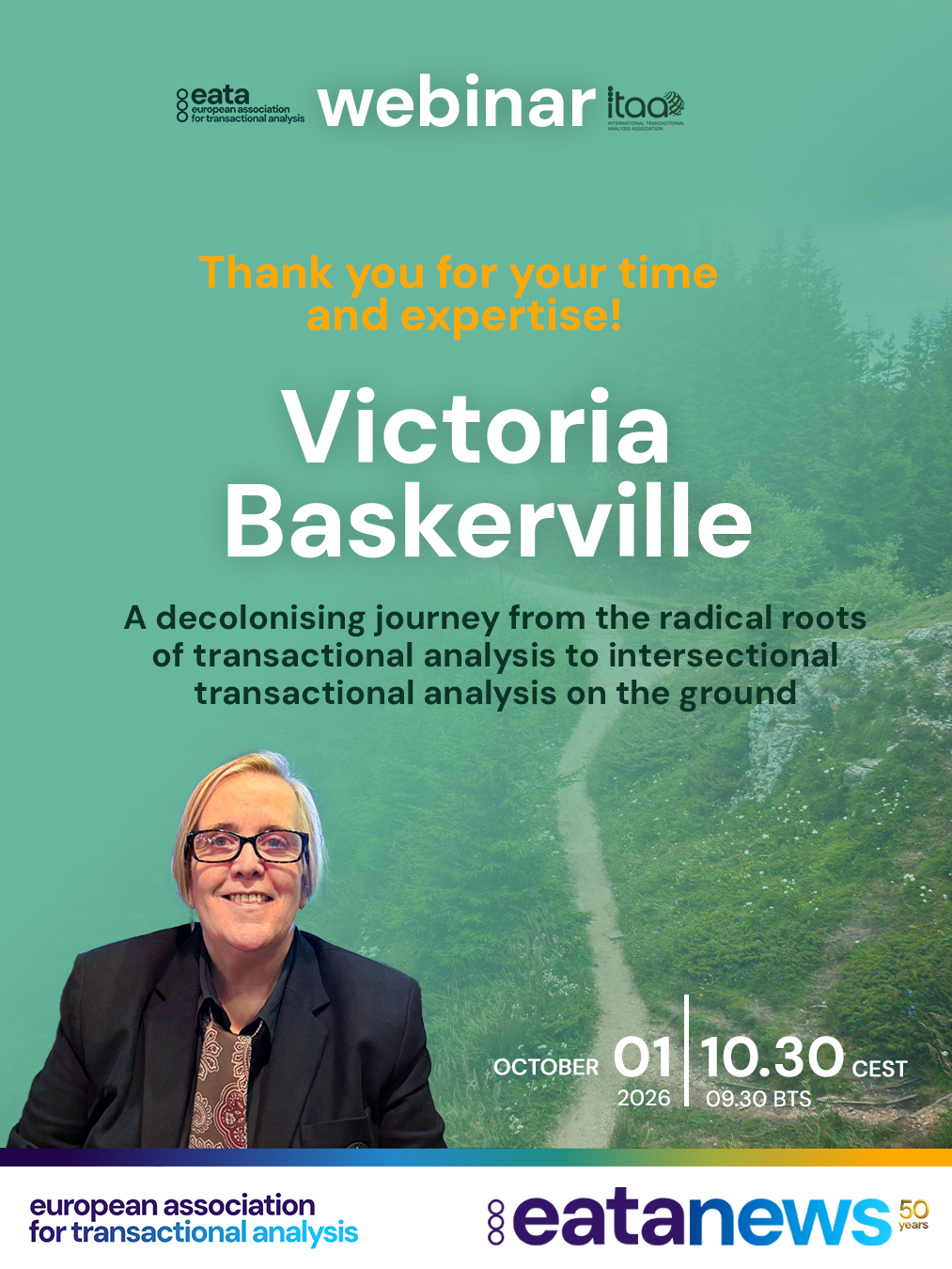 💙 Thank you, Victoria Baskerville! 💙

What a powerful and thought-provoking EATA–ITAA webinar! 🌍✨

More than 110 people joined us and listened carefully to every word Victoria shared — with such passion, warmth, depth and a powerful message. 🎙️💬

Victoria took us on a fascinating decolonising journey through the radical roots of Transactional Analysis towards intersectional TA on the ground, inviting us to look more critically at culture, identity, power and the social and historical contexts that shape our theory and practice. 🌱🔎

The response from participants showed just how much this conversation resonated. Many were intrigued, engaged and eager to hear more from Victoria and to continue exploring these important questions. 💭🤝

🙏 Thank you, Victoria, for sharing your knowledge, experience and expertise with such generosity and passion.

And a very special thank you to Leilani Mitchell for hosting the event once again with such professionalism, care and heart. 💙🎙️

We are grateful to everyone who joined us and contributed to creating such a thoughtful and engaged space for dialogue. 🌍🤝

#TransactionalAnalysis #EATA #ITAA #EATAWebinar #DecolonisingTA #IntersectionalTA #TACommunity #Psychotherapy
